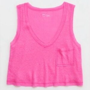 Aerie Breezy Linen V-Neck Pocket Tank Top Shirt - Pink Infusion - Large